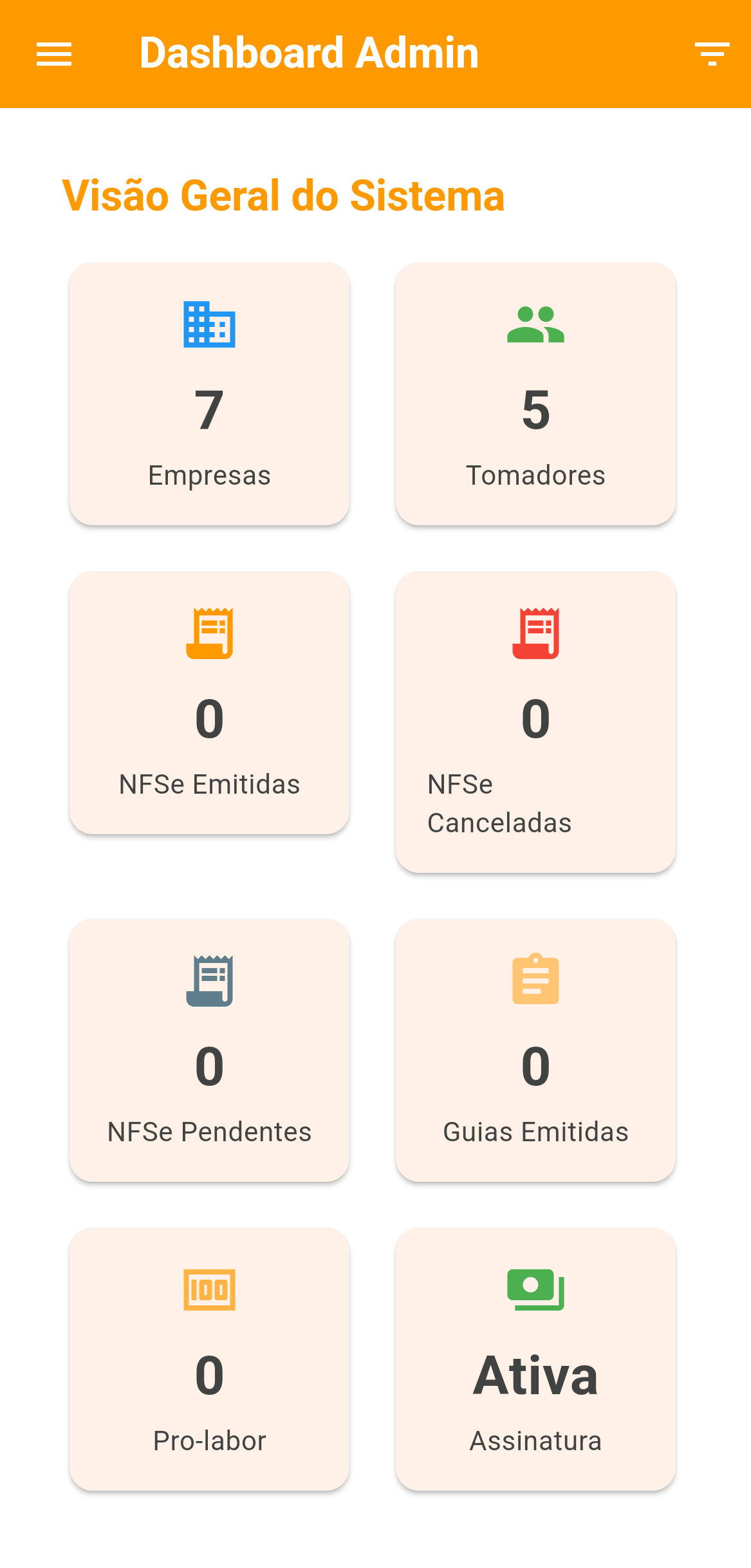 Screenshot do dashboard principal do AppNFSe com gráficos de faturamento e visão geral.