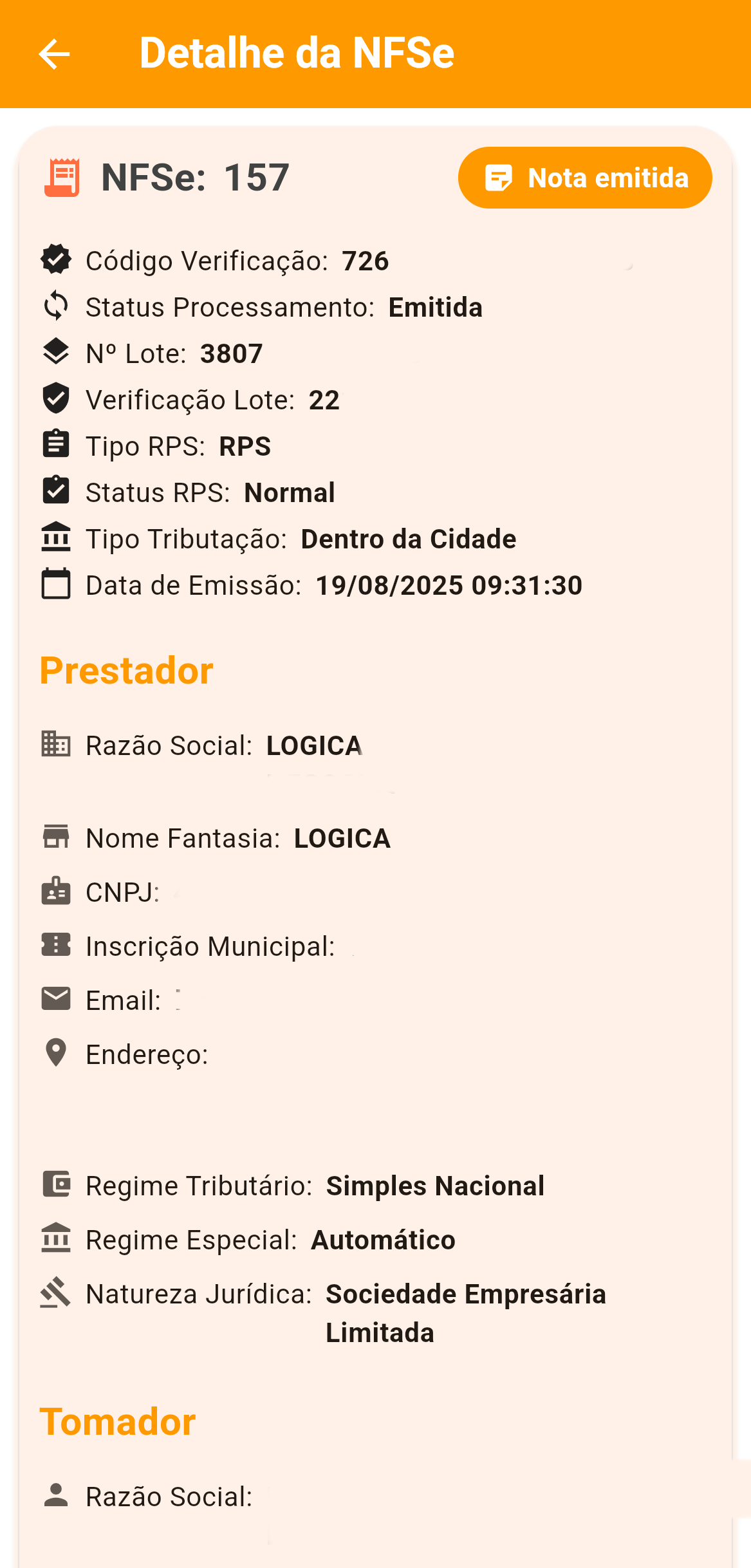 Screenshot da tela de detalhes da NFS-e no AppNFSe.