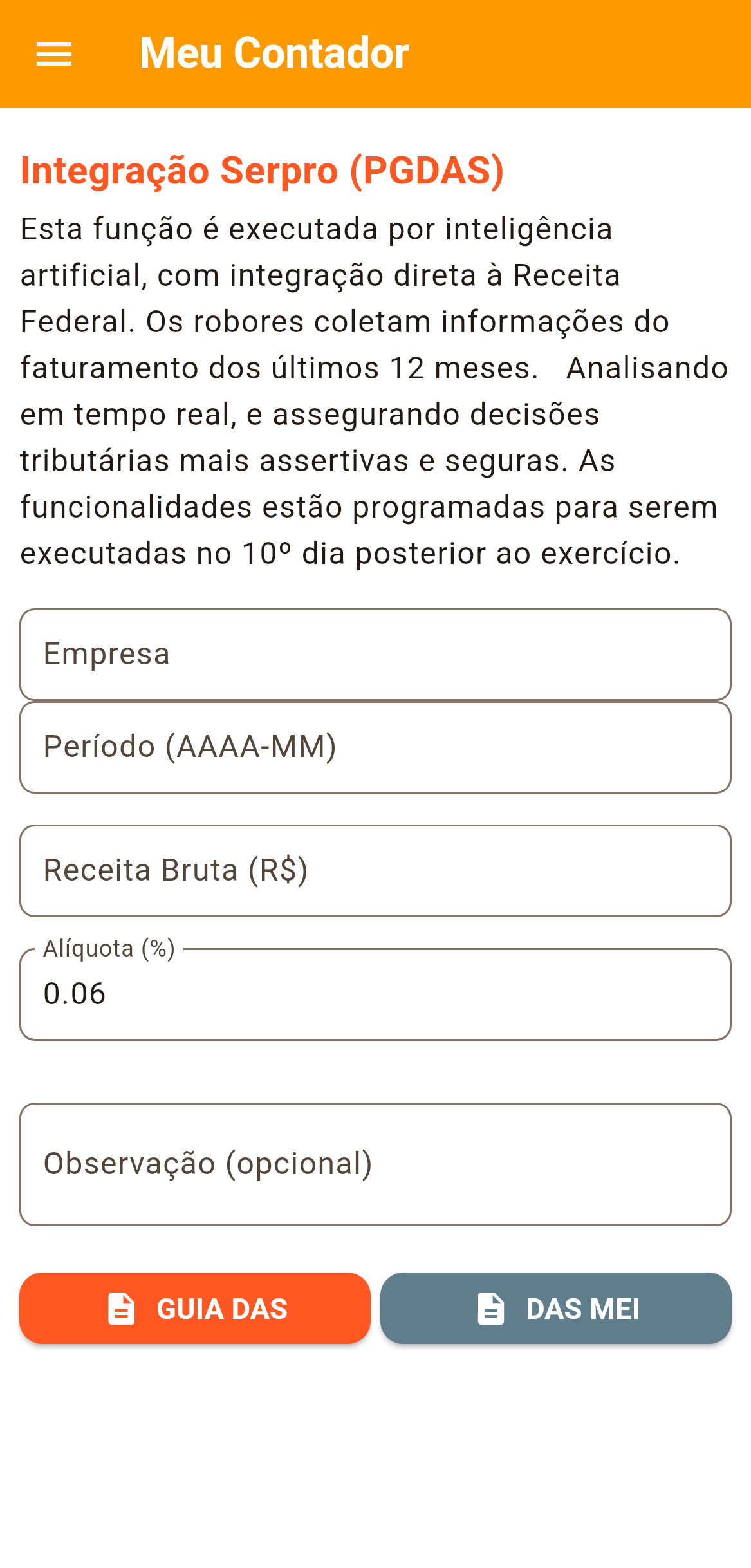 Screenshot da tela do Meu Contador no AppNFSe.