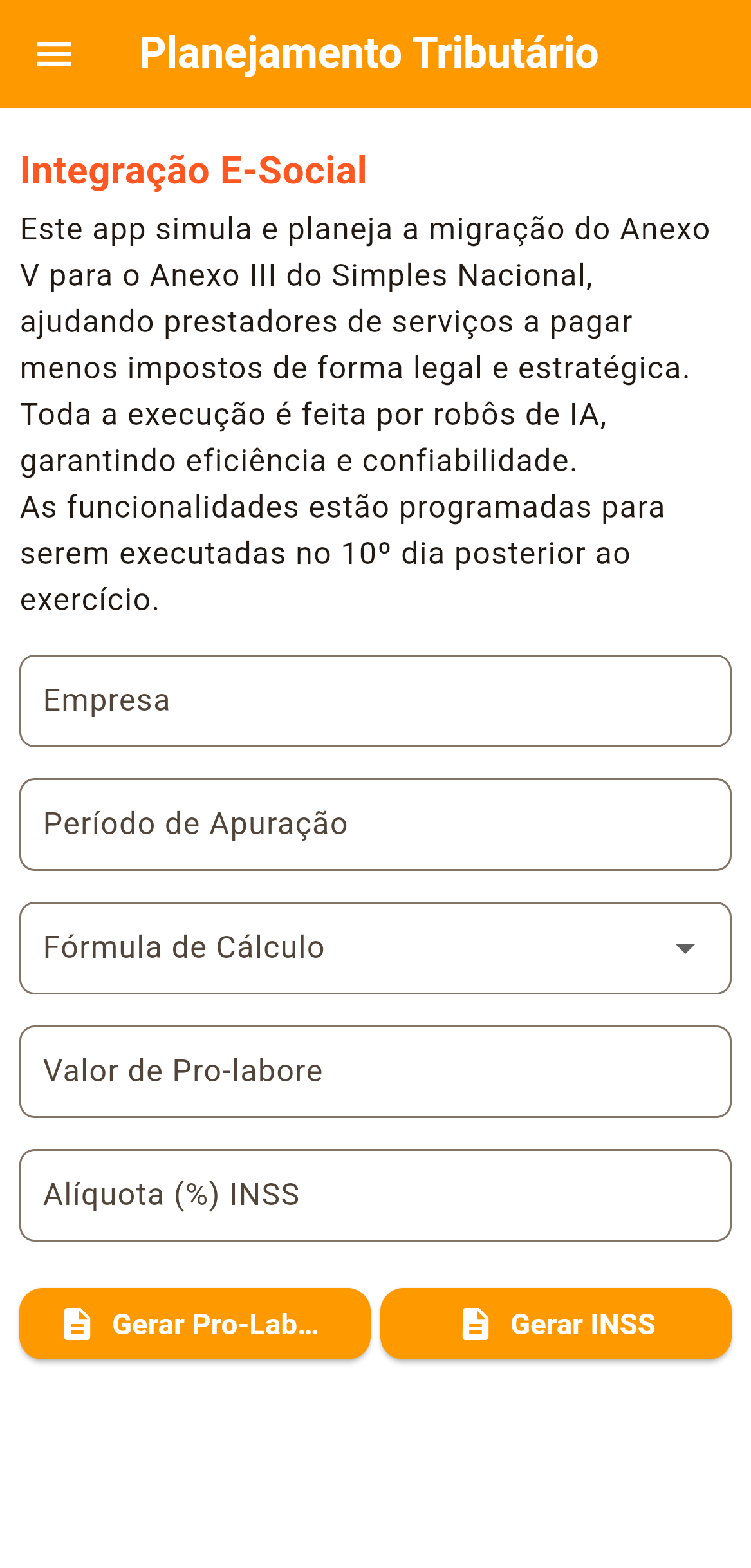 Screenshot da tela de planejamento tributário no AppNFSe.