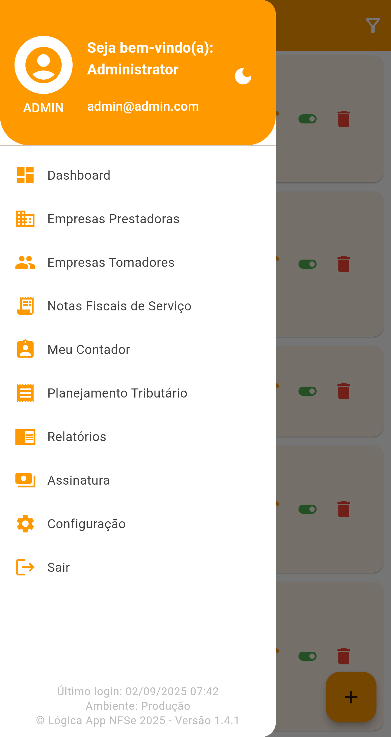 Screenshot do menu principal do AppNFSe.
